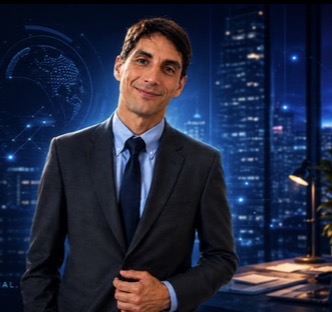 Julián Pisani, con traje oscuro y corbata azul, frente a un fondo tecnológico azul